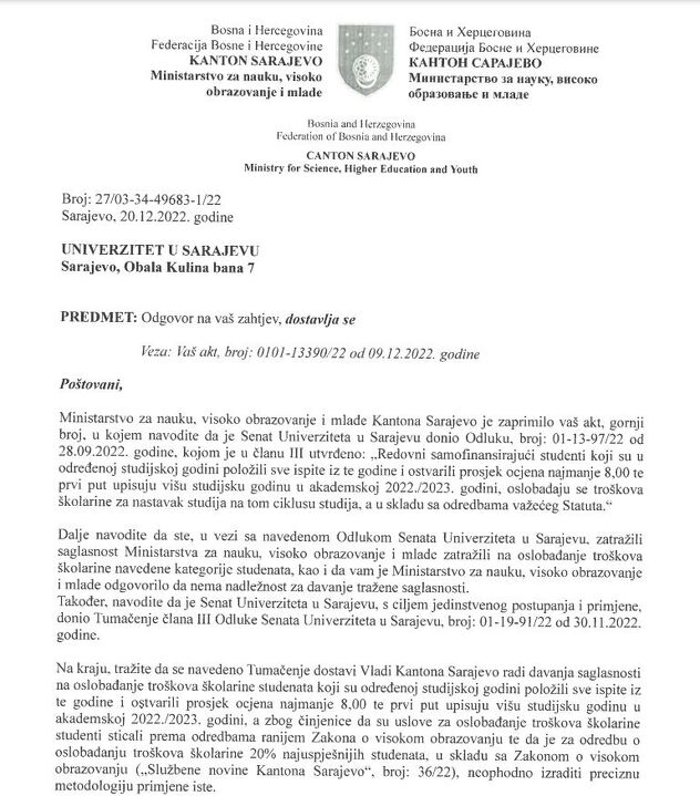 Odgovor Ministarstva za nauku, visoko obrazovanje i mlade upućen Stomatološkom fakultetu