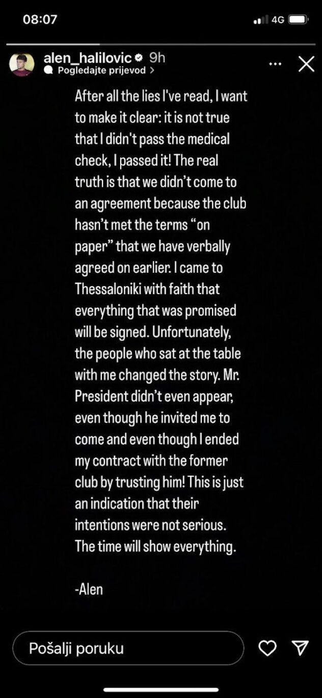 Foto: Halilovićev Instagram story koji se pojavio na internetu (Foto: Screenshot)