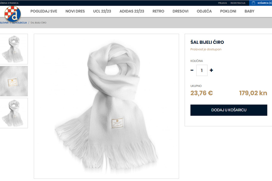 Replika Ćirinog kultnog šala može se naći u prodaji na Dinamovoj web stranici (Foto: shop.gnkdinamo)
