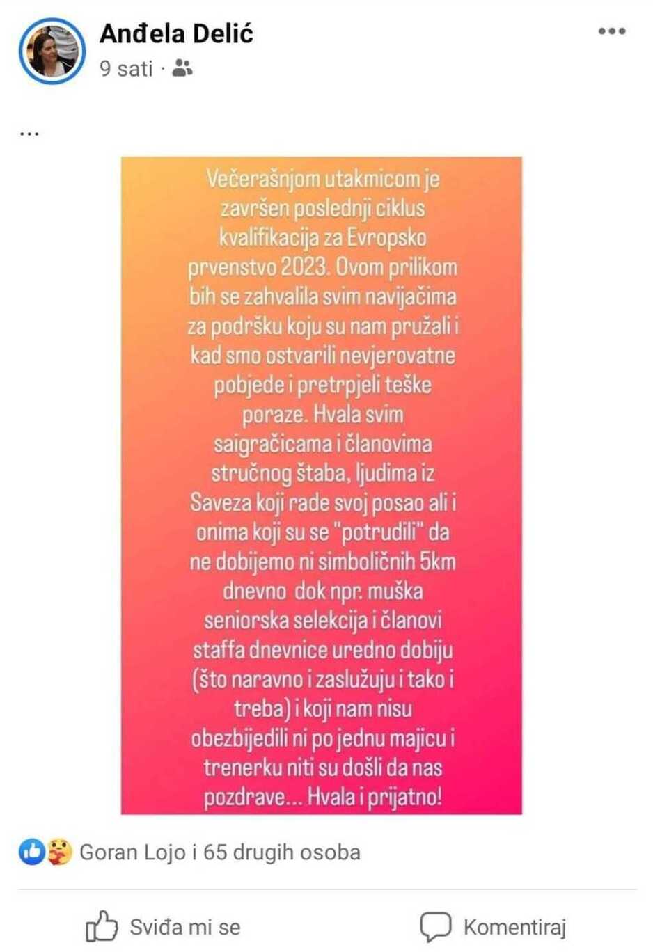 Status Anđele Delić (Foto: Screenshot)