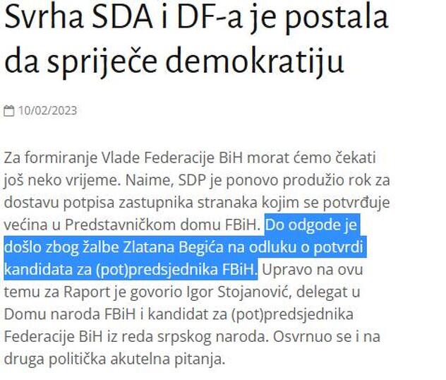 Na stranici SDP-a, u intervjuu Igora Stojanovića za Raport istaknuto je da je skupljanje potpisa odgođeno zbog žalbe Begića