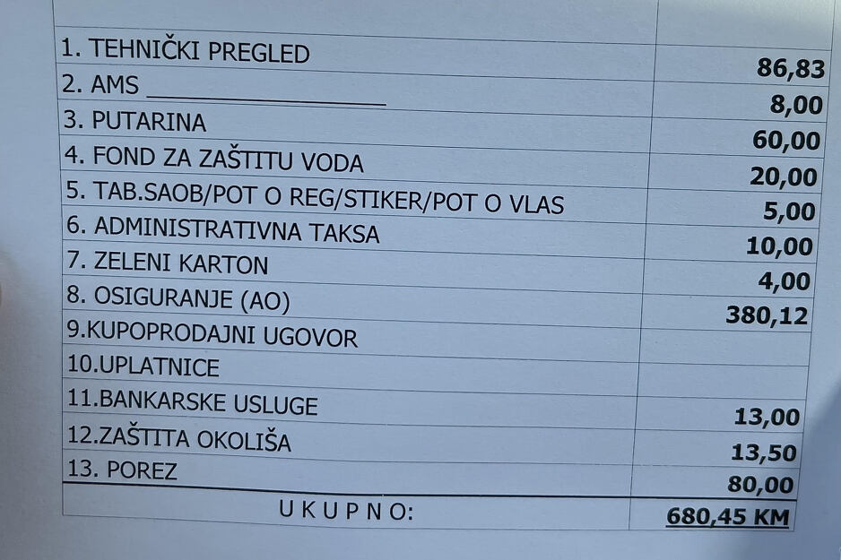 Jedan od primjera šta sve plaćamo prilikom registracije automobila