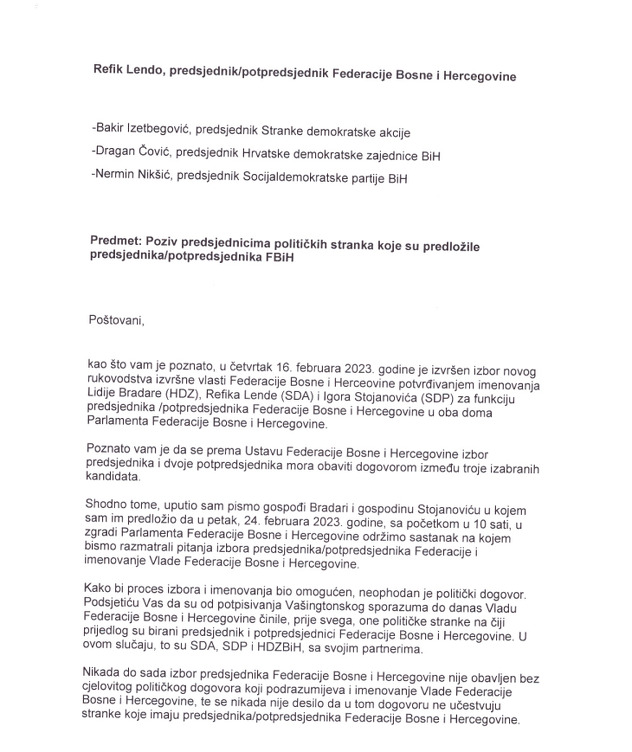 Pismo koje je Lendo uputio predsjednicima SDP-A, HDZ-A i SDA