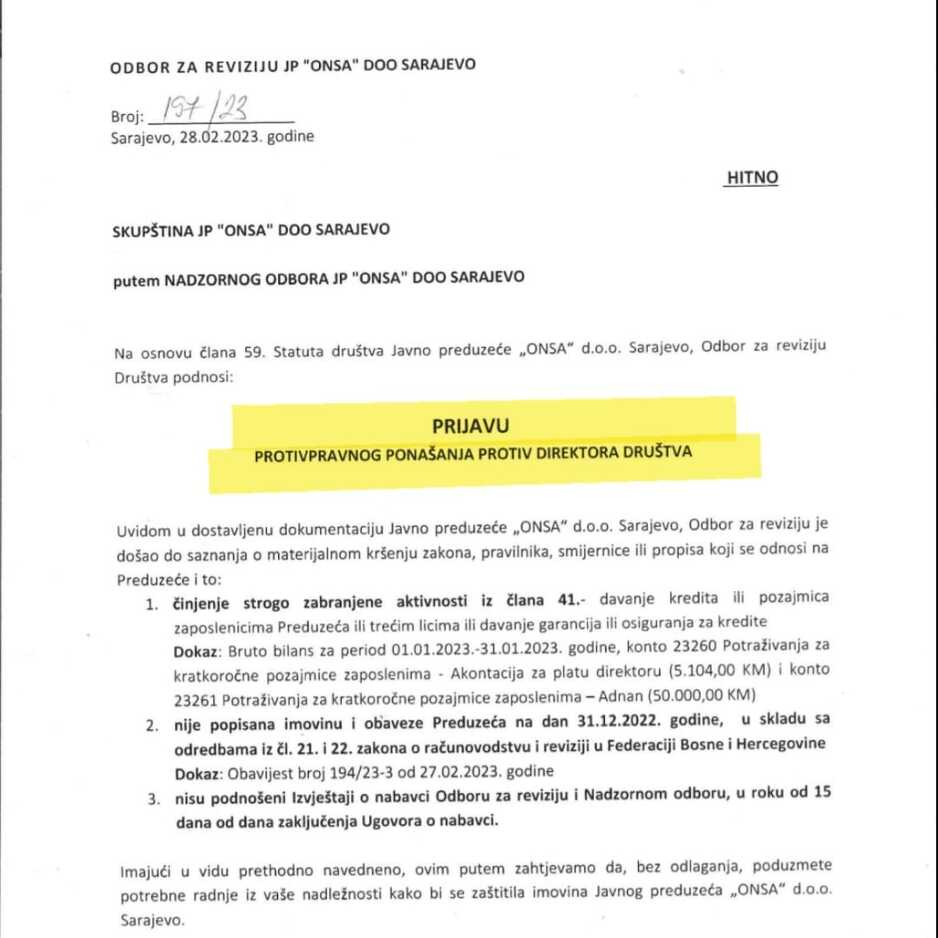 Prijava protiv direktora JP ONSA-e