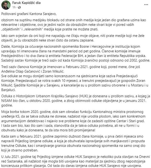 Kapidžićevo obraćanje preko Facebooka o historijskom urbanom krajoliku i Električnoj centrali u Sarajevu