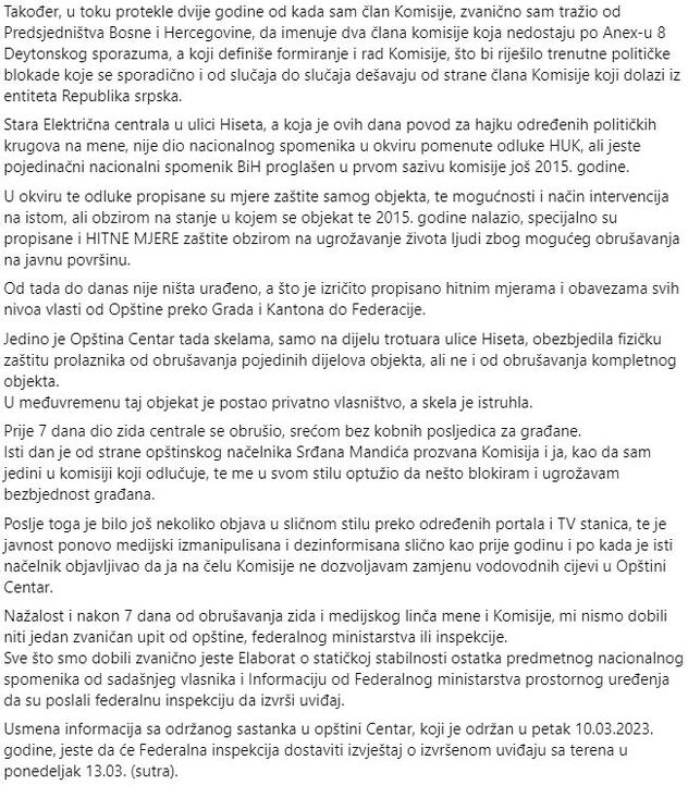 Kapidžićevo obraćanje preko Facebooka o historijskom urbanom krajoliku i Električnoj centrali u Sarajevu