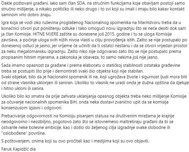 Kapidžićevo obraćanje preko Facebooka o historijskom urbanom krajoliku i Električnoj centrali u Sarajevu