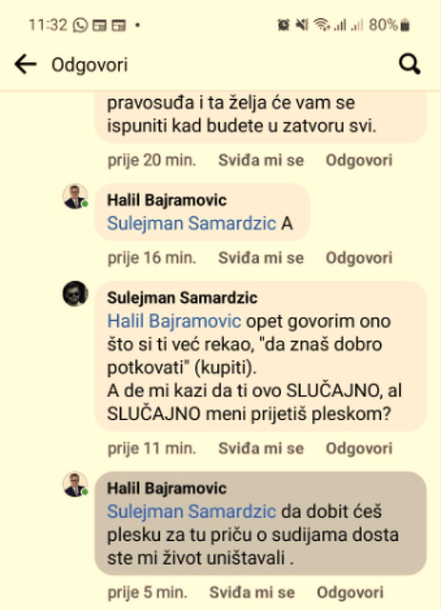 Screenshot komentara na Facebook statusu Sulejmana Samardžića