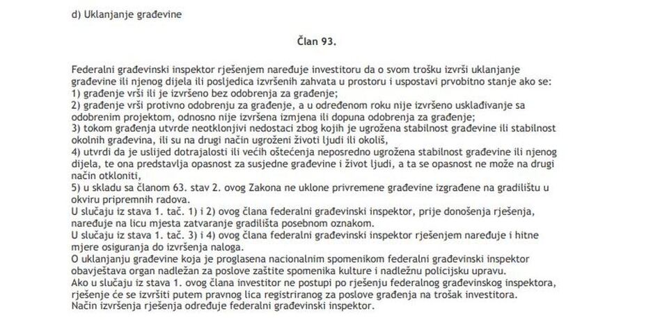 Zakon o prostornom planiranju i korištenju zemljišta na nivou Federacije BiH, član 93.