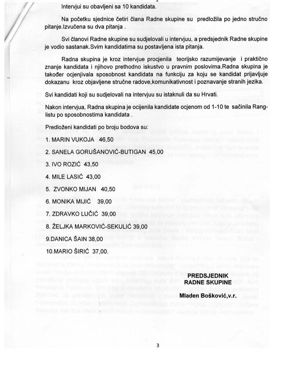 Dio izvještaja Radne grupe za postupak izbora