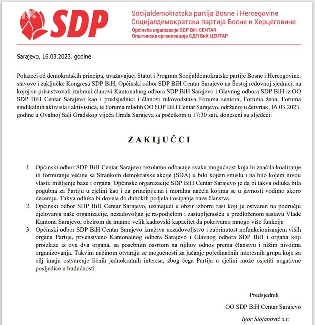 Zaključci SDP-ove organizacije u općini Centar (Foto: Klix.ba)