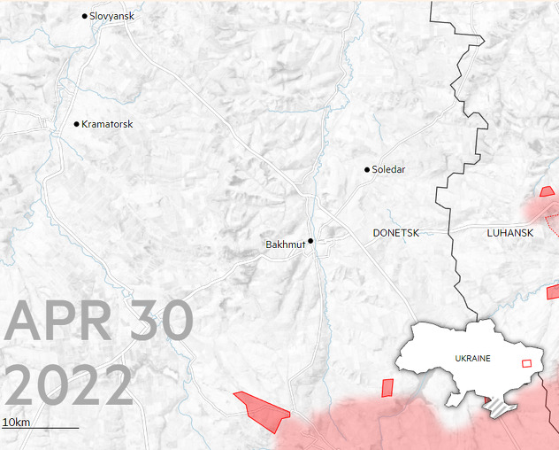 Stanje oko Bahmuta u Aprilu 2022 (Mapa: FT/ISW)
