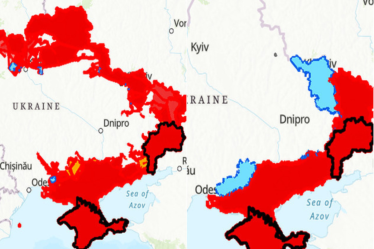 Ruska kontrola na početku rata i krajem februara 2023. (Mape: isw)