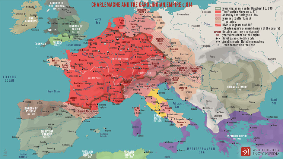 Karta carstva Karla Velikog za vrijeme njegovog najvećeg obima