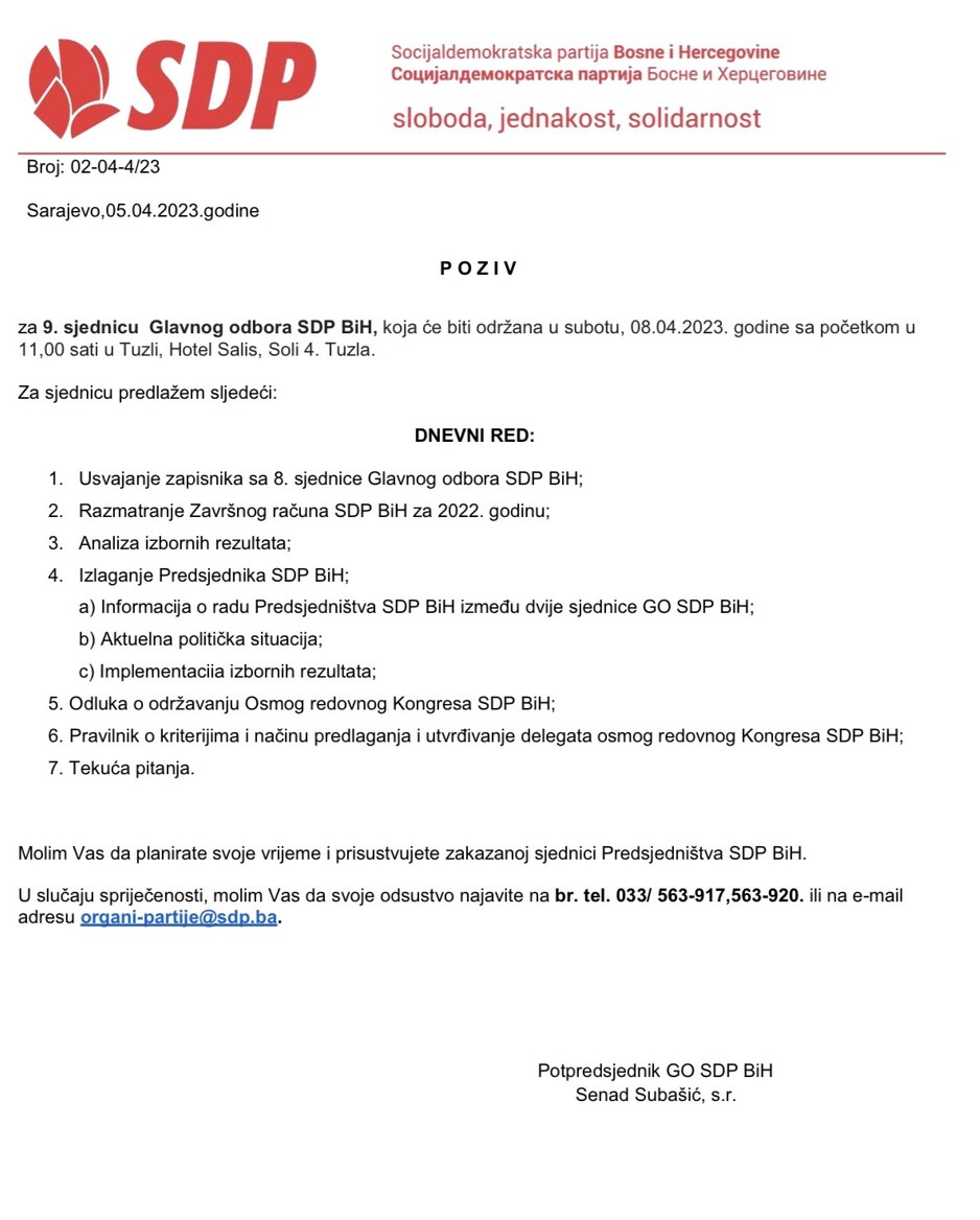 Poziv za sjednicu Glavnog odbora danas