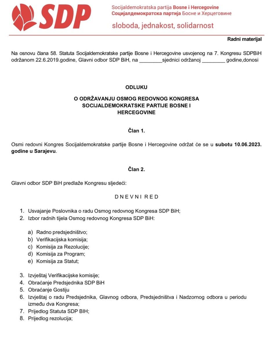 Odluka o održavanju Kongresa SDP-a 10. juna sa tačkom o Statutu