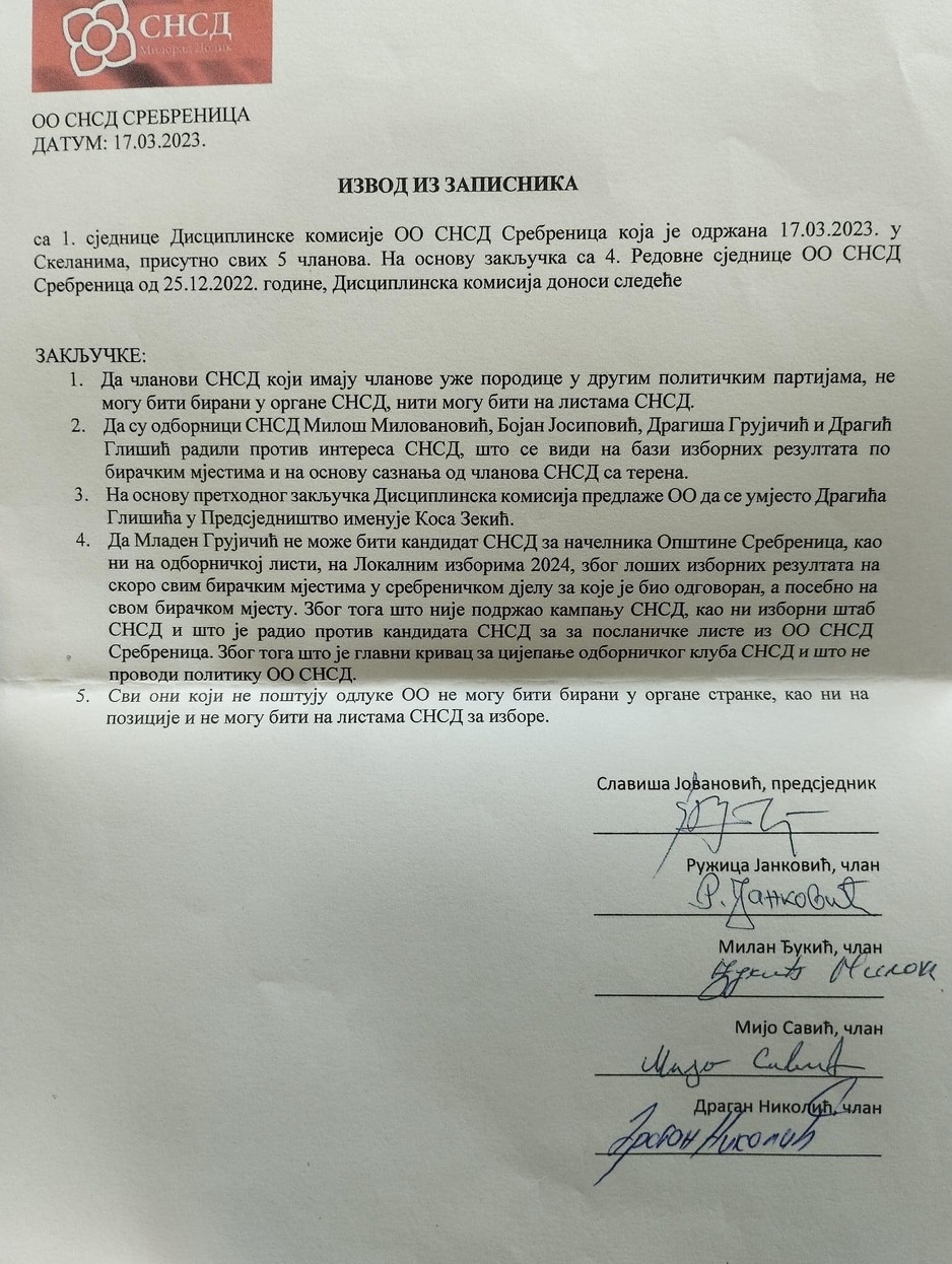 Zaključci Opčinskog odbora SNSD-a