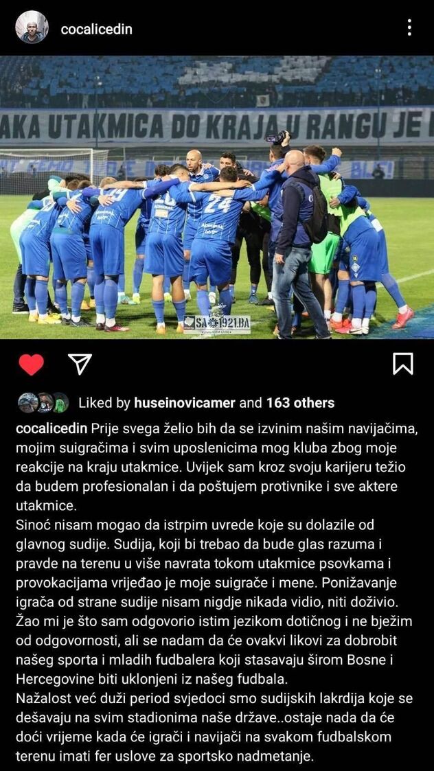 Post Edina Cocalića na Instagramu (Foto: Screenshot)