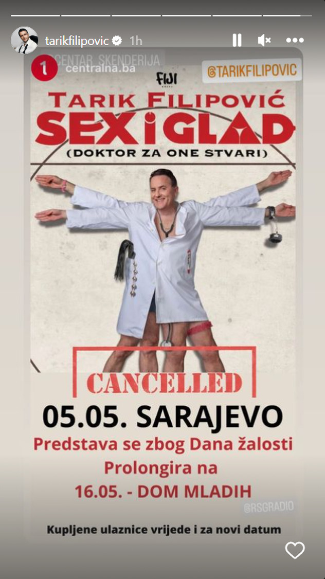 Filipović je potvrdio da se njegova predstava u Sarajevu neće održati danas