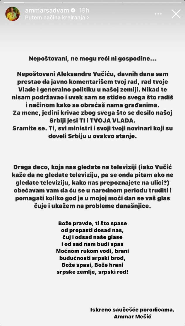 Poruka Ammara Mešića (Screenshot/Instagram)