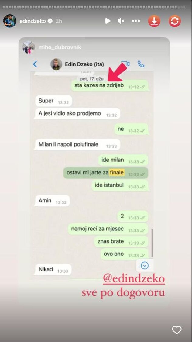 Prepiska koju je podijelio Džeko na Instagram storyju (Foto: Screenshot)