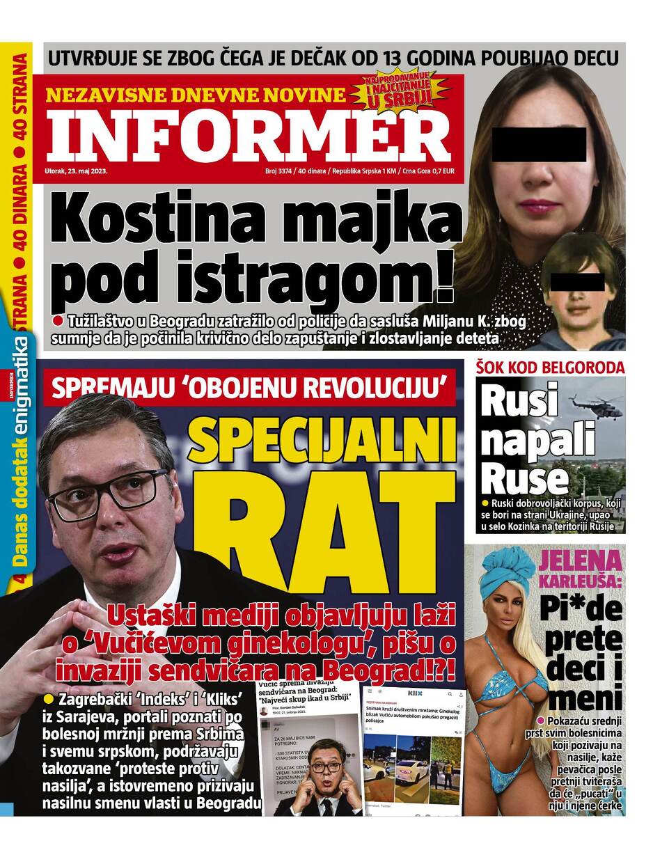 Naslovnica Informera 23. maja 2023.
