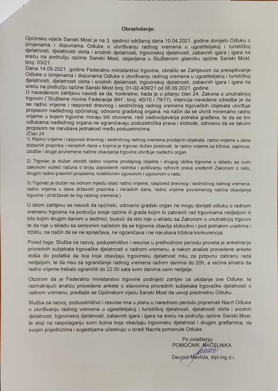 Obrazloženje poništenja odluke o neradnoj nedjelji (Foto: Facebook Jasmin Mujačić)