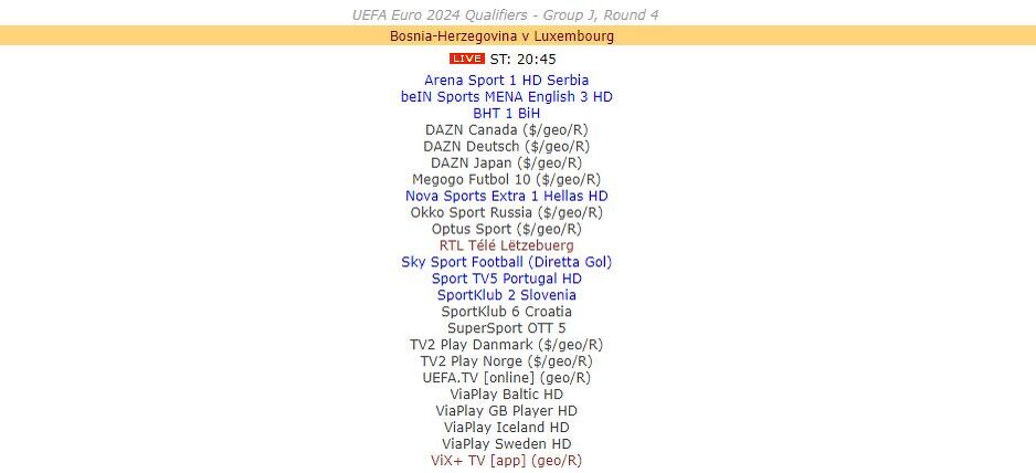Lista kanala koji prenose utakmicu između BiH i Luksembruga (Foto: Screenshot)
