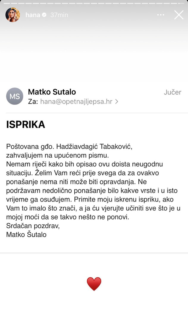 Izvinjenje Matka Šutala (Screenshot/Instagram)