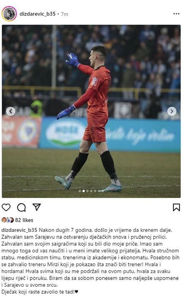Dizdarevićev status na Instagramu (Foto: Screenshot)