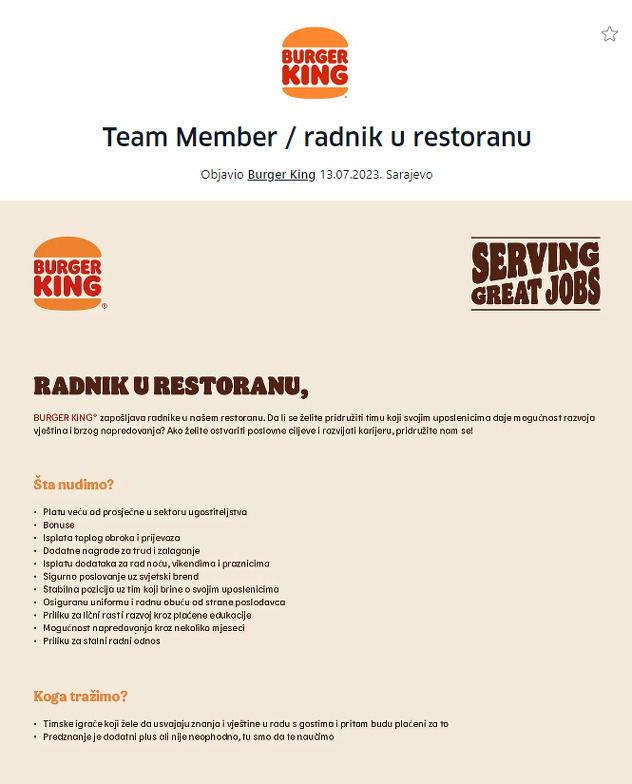 Burger King oglas za posao