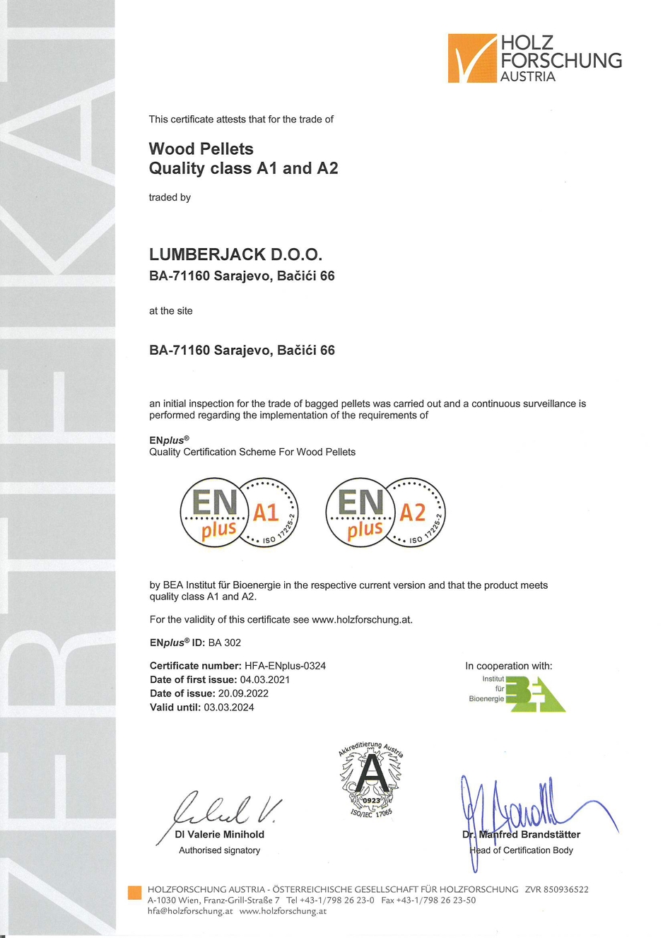 ENplus certifikat kompanije Drvosječa