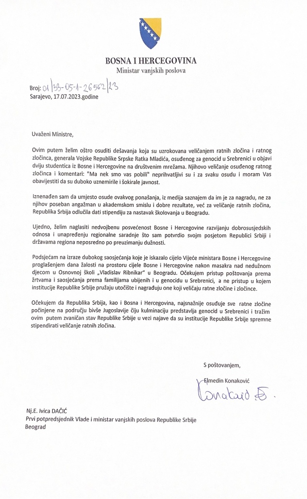 Konakovićevo pismo Dačiću (Izvor: Ministarstvo vanjskih poslova BiH)