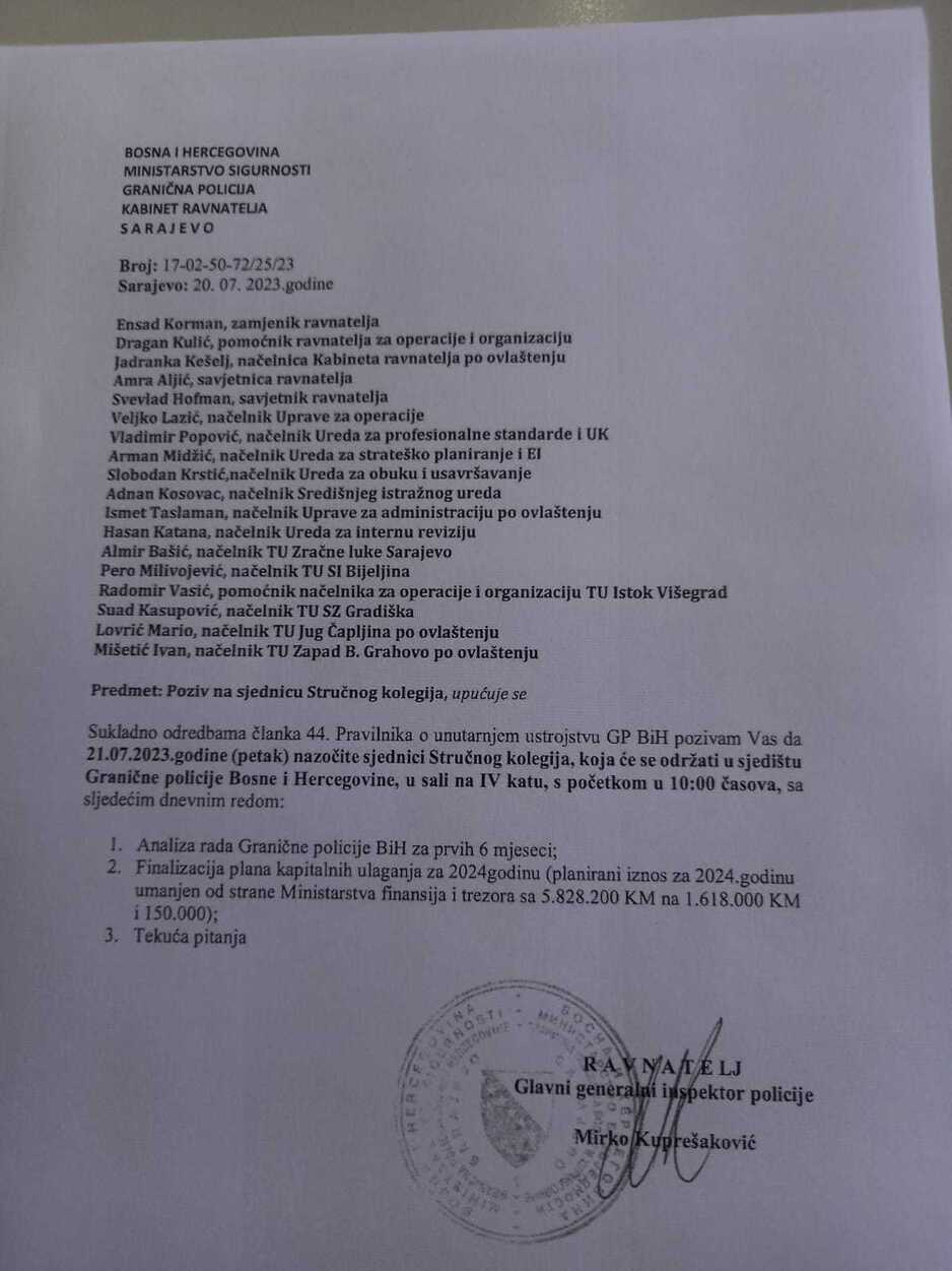 Poziv na sjednicu Stručnog kolegija Granične policije BiH (Foto: Klix.ba)