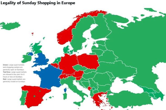 Mapa članica EU i ostalih zemalja i njihova zakonska regulativa rada nedjelom