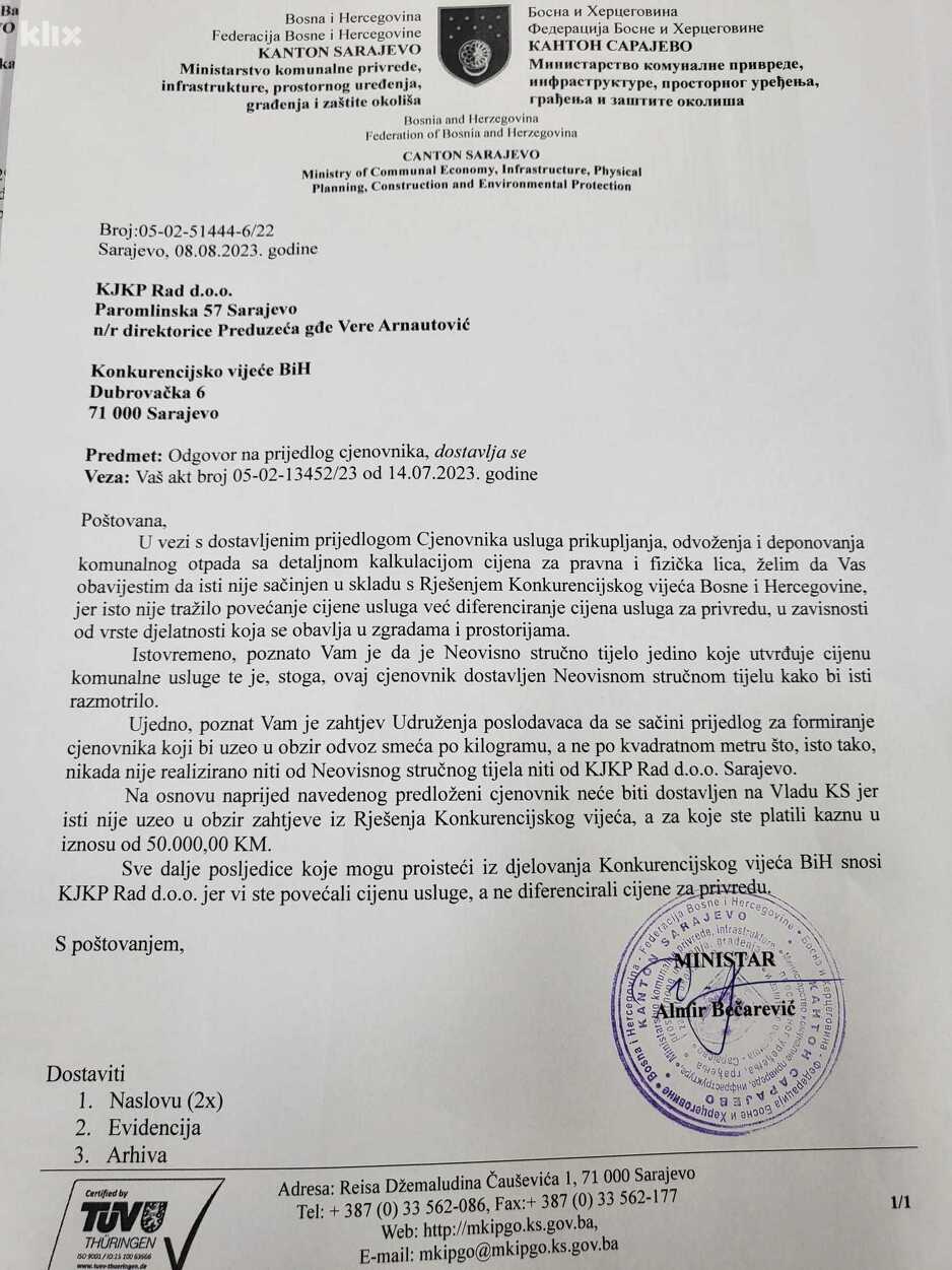 Odgovor resornog ministra Almira Bečarevića