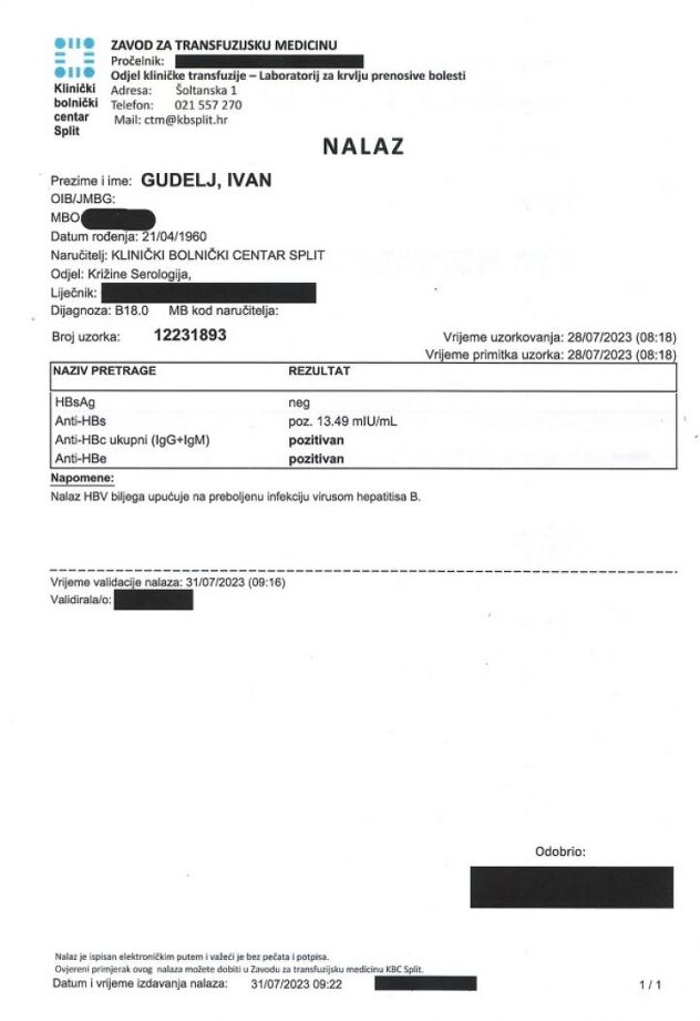 Negativan nalaz Ivana Gudelja na hepatitis B (Foto: dalmacijadanas.hr)