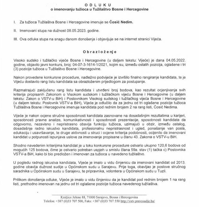Odluka VSTV-a o imenovanju Nedima Ćosića za tužitelja u maju ove godine