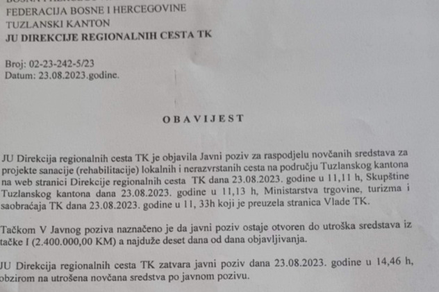 Obavijest o zatvaranju javnog poziva