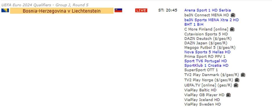 Lista kanala koji prenose utakmicu između BiH i Lihtenštajna (Foto: Screenshot)
