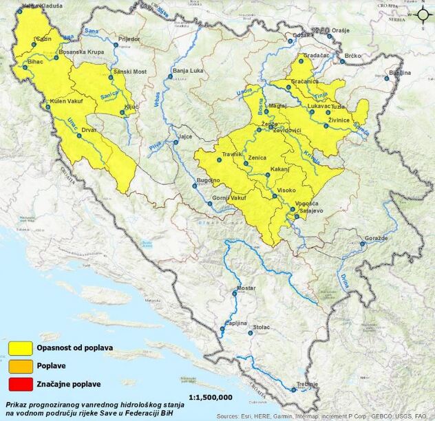 Hidrološka prognoza za FBiH od 23. do 25. 9. (Izvor: Agencija za vodno područje rijeke Save)