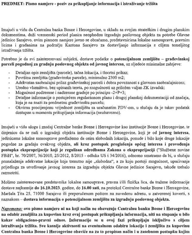 Pismo namjere Centralne banke BiH