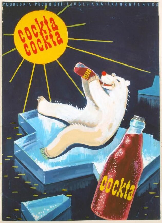 Prvobitni Cocktin poster prikazivao je sjevernog medvjeda kako pije ovo piće