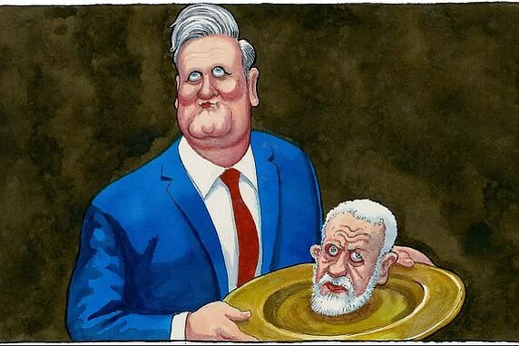 Karikatura Bella u kojoj prikazuje Keira Starmera kako na tacni nudi glavu Jeremyja Corbyna.