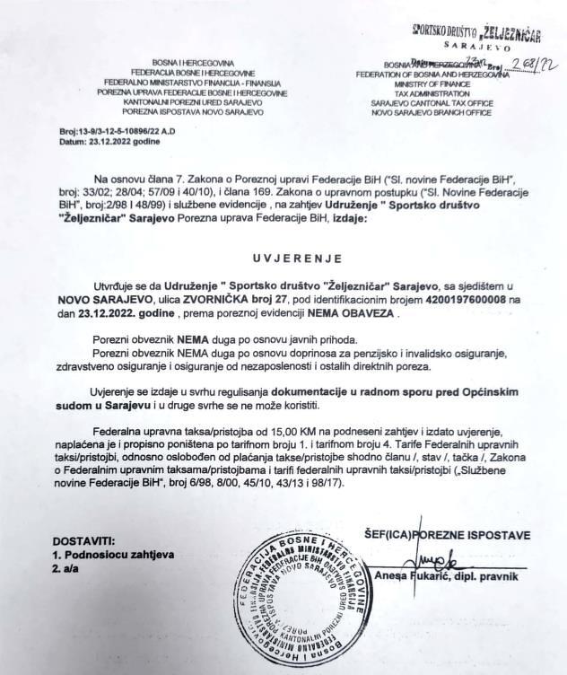 Faksimil potvrde Porezne uprave FBiH od 23. 12. 2022. da SD Željezničar nema nikakvih dugovanja