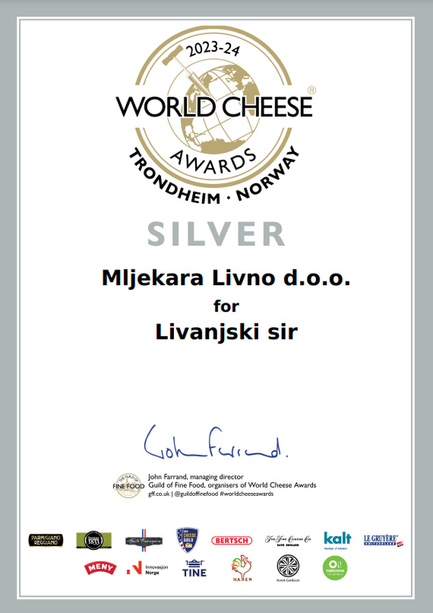 Certifikat za Mljekaru Livno i njihov livanjski sir