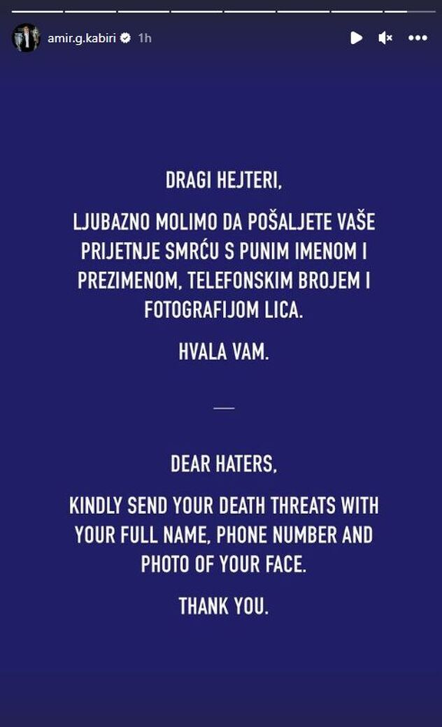 Kabirijev Instagram story (Foto: Screenshot)