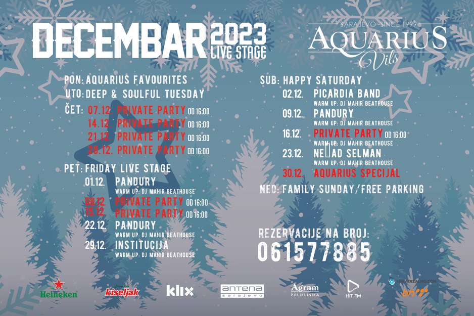 Raspored muzičkih događaja za decembar u Aquarius Vilsu