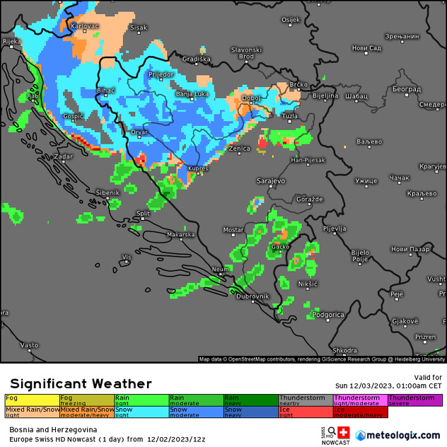 Izgled padavina večeras (Izvor: Meteologix.com)