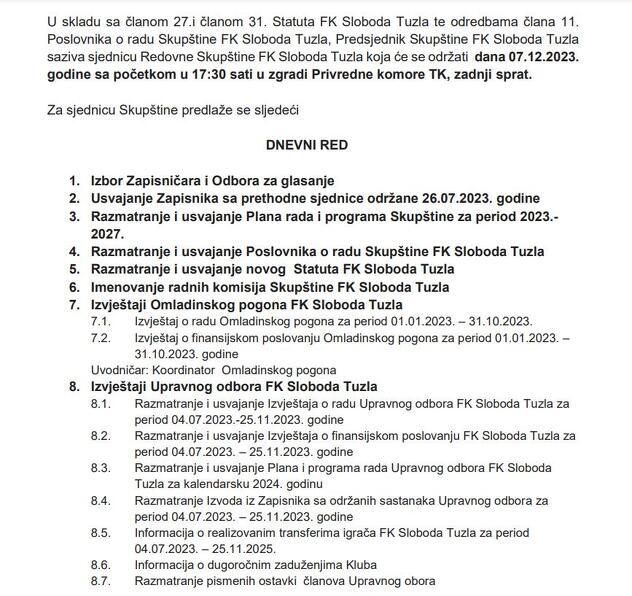 Dnevni red Skupštine FK Sloboda